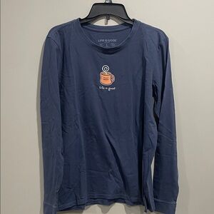 Life Is Good Blue Long Sleeve with Coffee Graphic